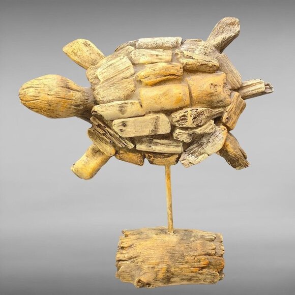 Sea Turtle On Driftwood Faux Wood Turtle On A Stand 10”T 9”W - Picture 3 of 8